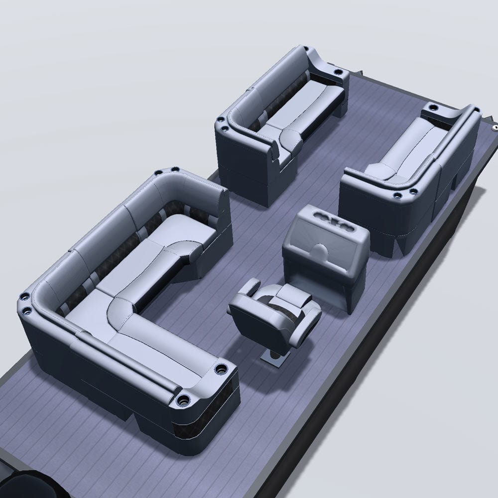 Side entry aft L-bench pontoon seat package with cupholder bow double bench and corner seats back 