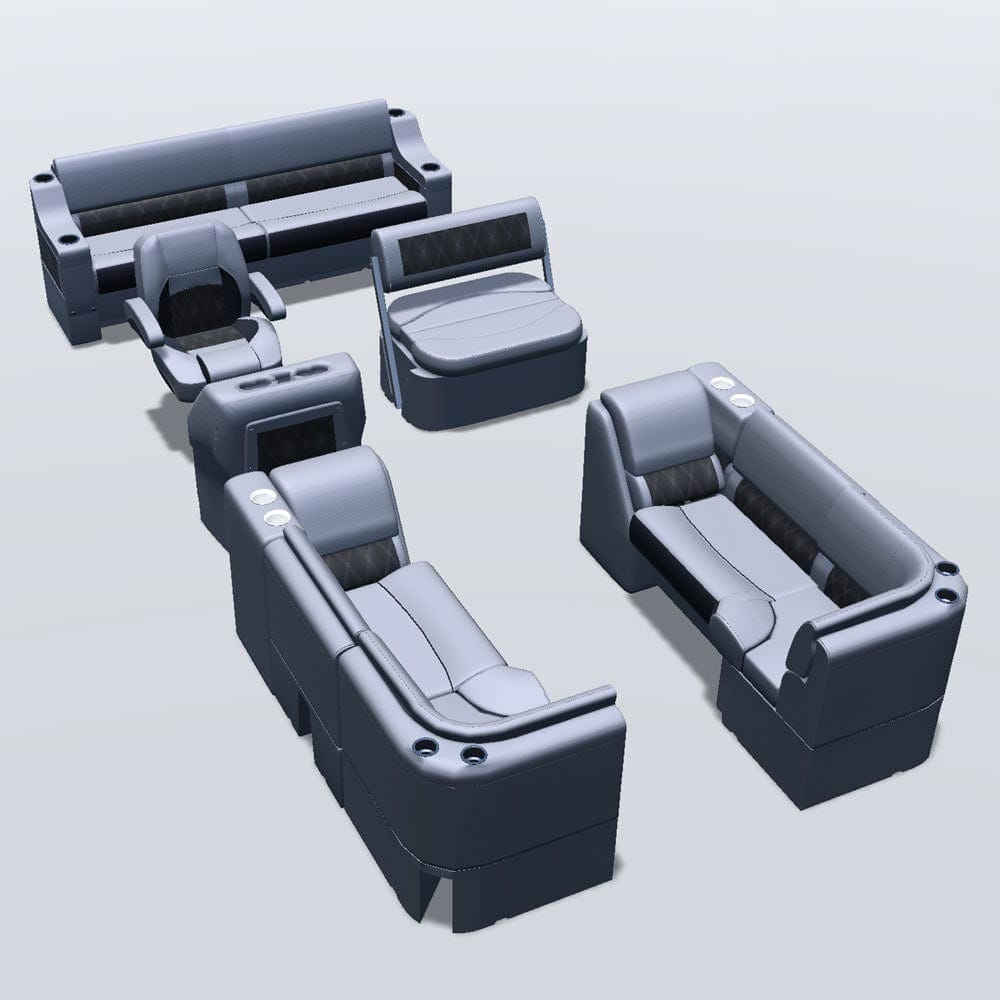 Side entry midship flip flop pontoon seat package with lean back bow double bench with corner seats #color_charcoal & gray