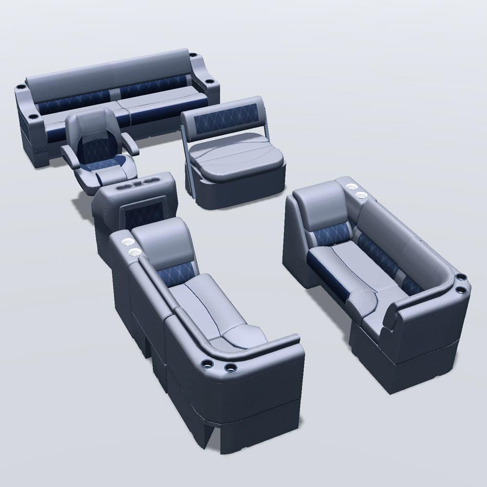 Side entry midship flip flop pontoon seat package with lean back bow double bench with corner seats #color_navy & gray