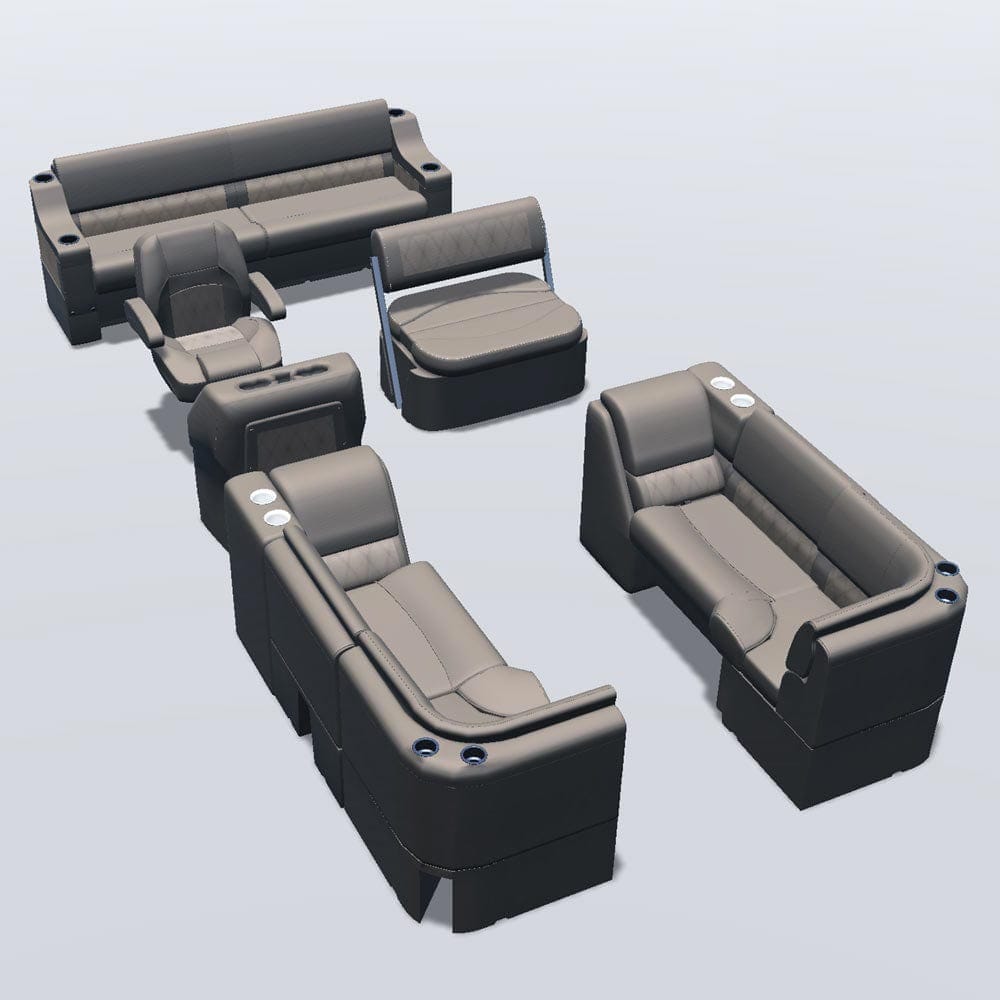 Side entry midship flip flop pontoon seat package with lean back bow double bench with corner seats #color_tan & beige