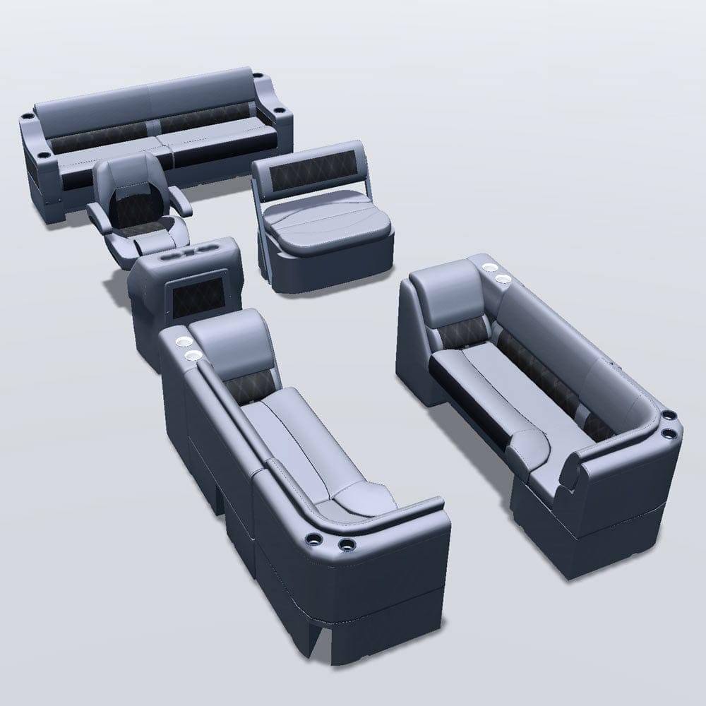 Side entry midship flip flop pontoon seat package with bow double bench corner and lean back seats #color_charcoal & gray