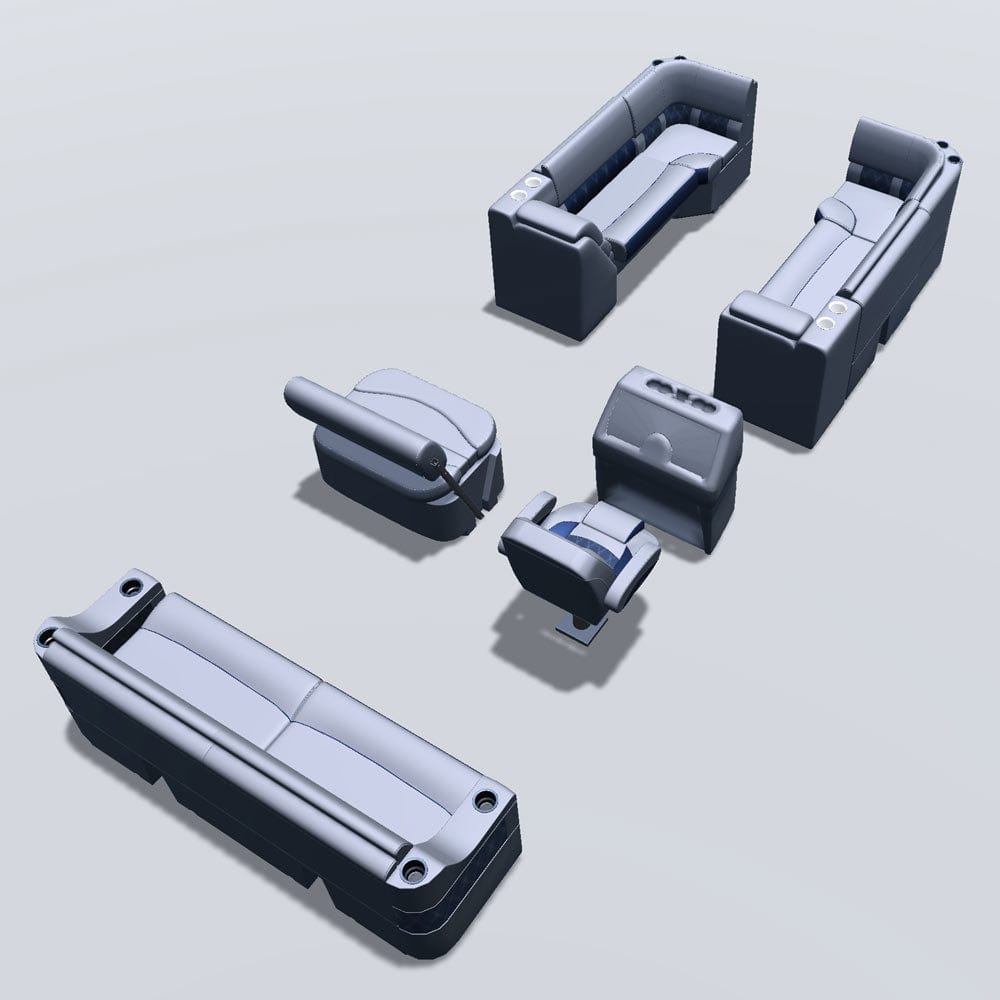 Side entry midship flip flop pontoon seat package with bow double bench corner and lean back seats back #color_navy & gray