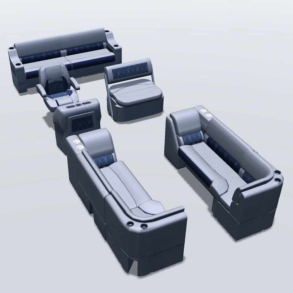 Side entry midship flip flop pontoon seat package with bow double bench corner and lean back seats #color_navy & gray