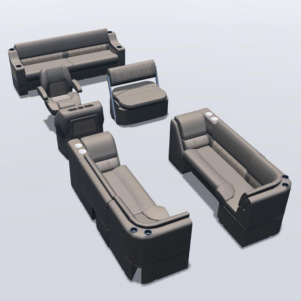 Side entry midship flip flop pontoon seat package with bow double bench corner and lean back seats #color_tan & beige