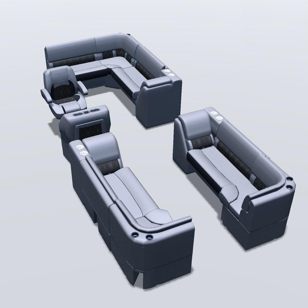 Stern entry pontoon seat package with lean back bow double bench and corner seats #color_charcoal & gray