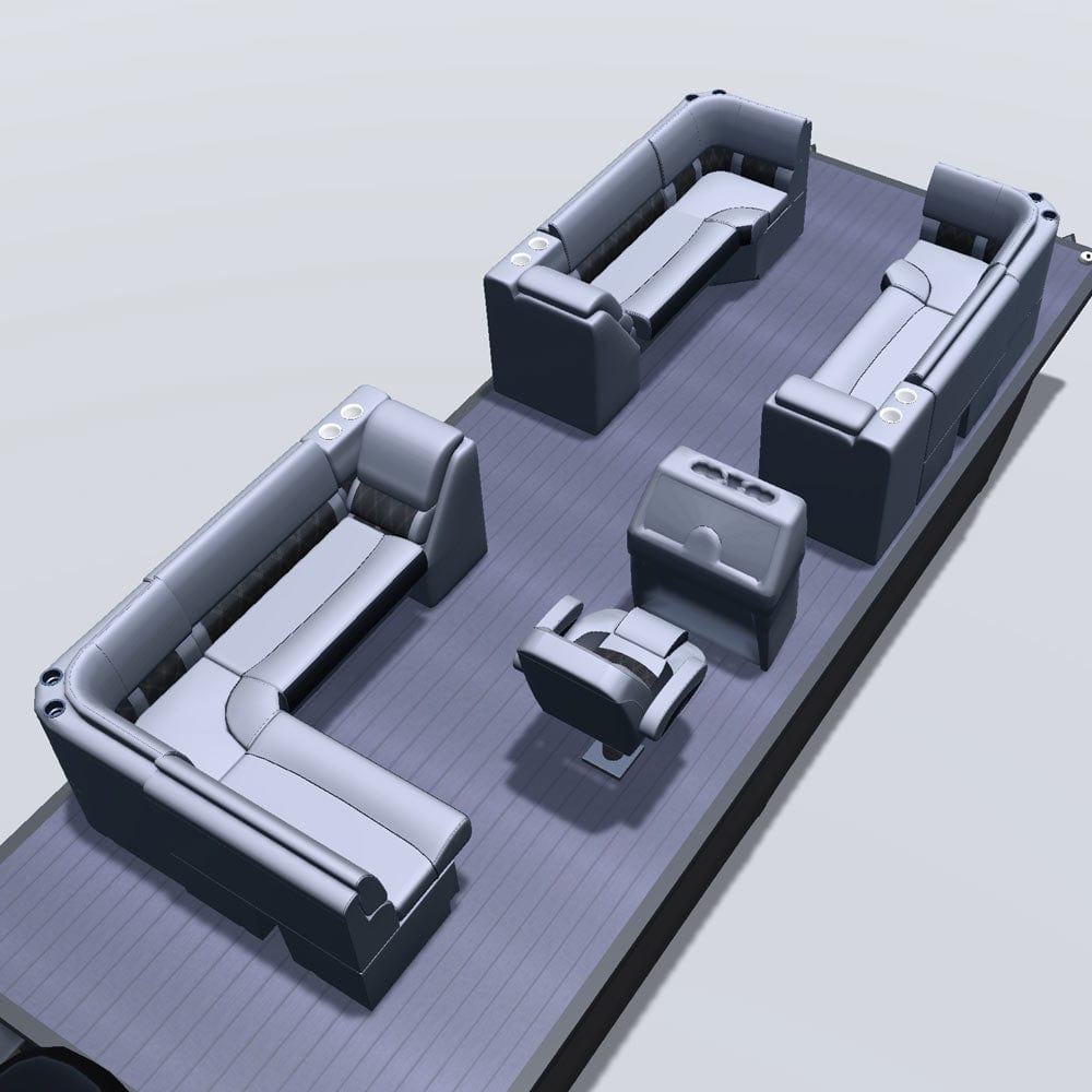 Stern entry pontoon seat package with lean back bow double bench and corner seats back 