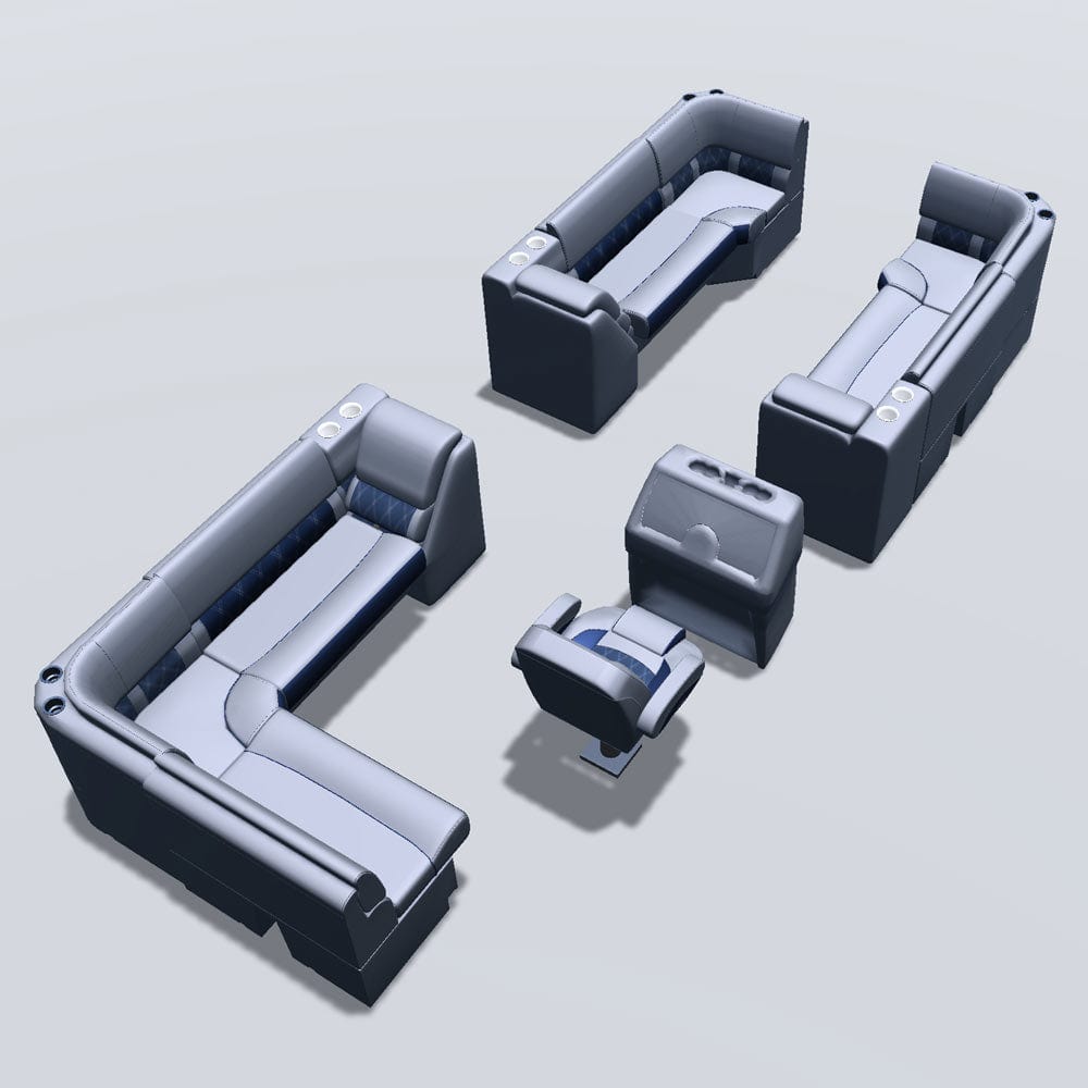 Stern entry pontoon seat package with lean back bow double bench and corner seats back #color_navy & gray