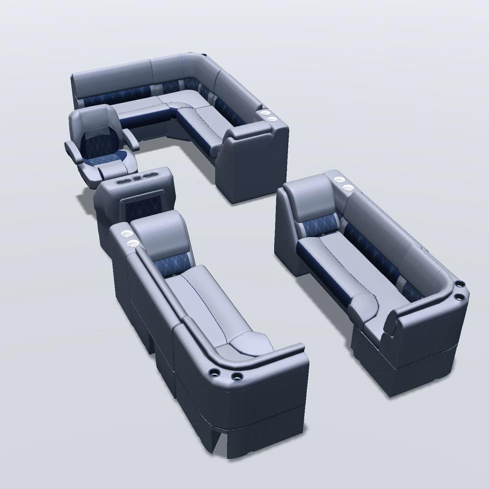 Stern entry pontoon seat package with lean back bow double bench and corner seats #color_navy & gray