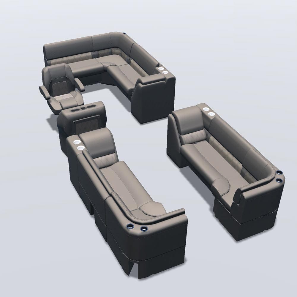 Stern entry pontoon seat package with lean back bow double bench and corner seats #color_tan & beige