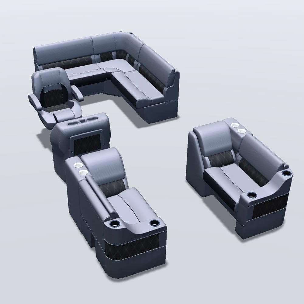 Stern entry pontoon seat package with cupholder bow double bench and lean back seats #color_charcoal & gray