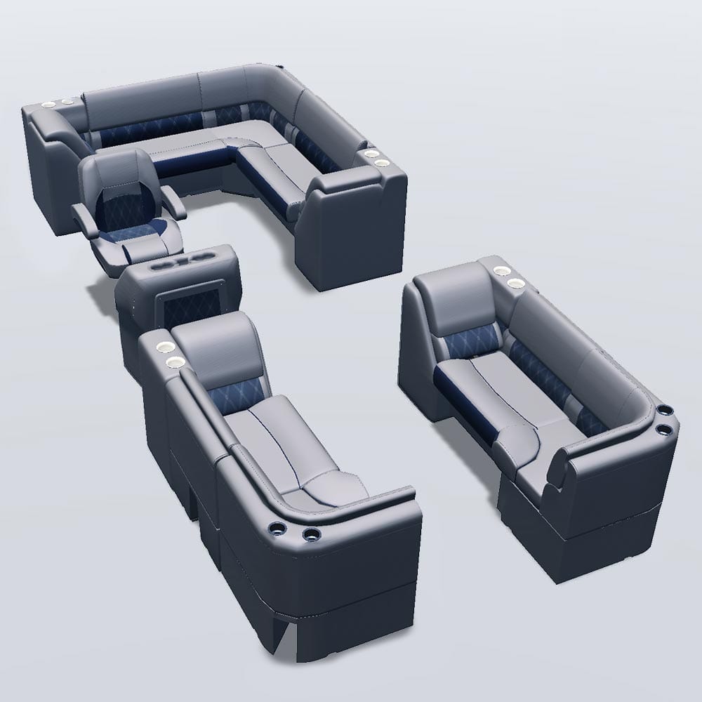 Side entry aft L-bench pontoon seat package with lean back bow bench and corner seats #color_navy & gray