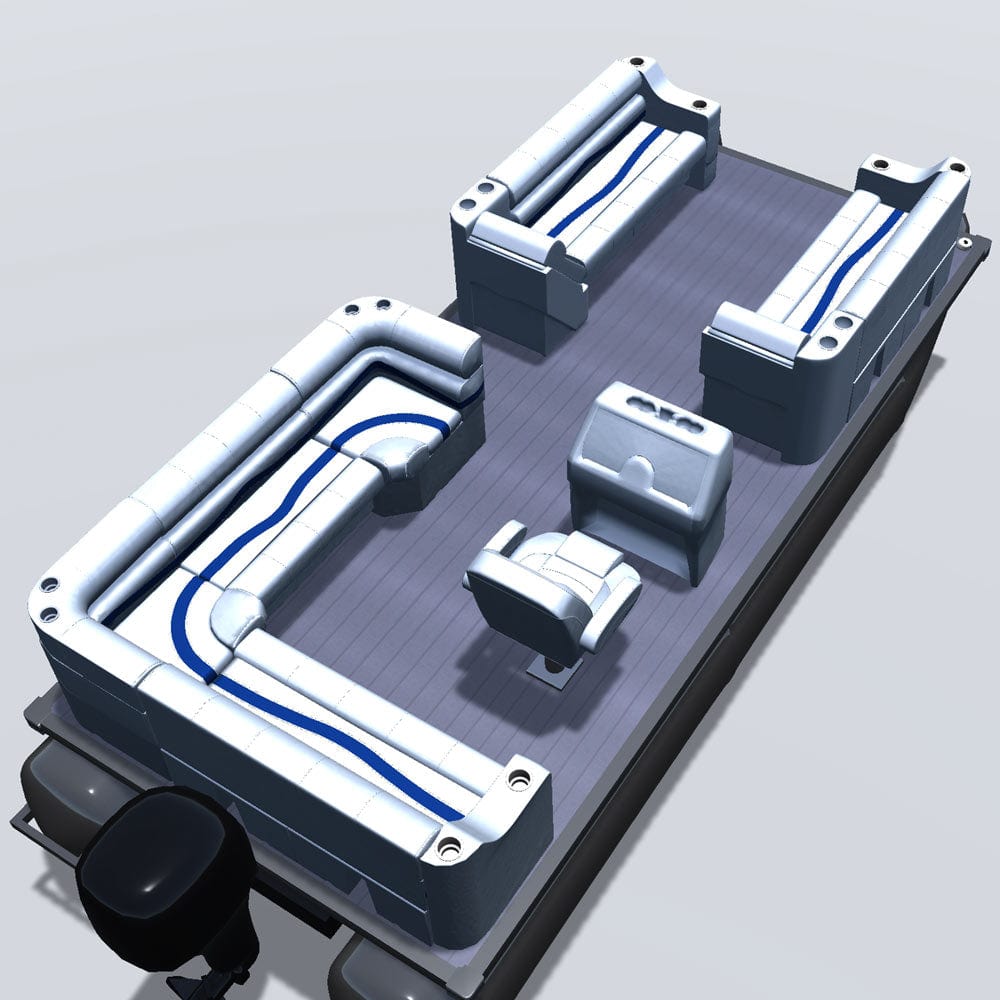 Side entry aft L-bench pontoon seat package with cupholder bow double bench and lean back seats back 