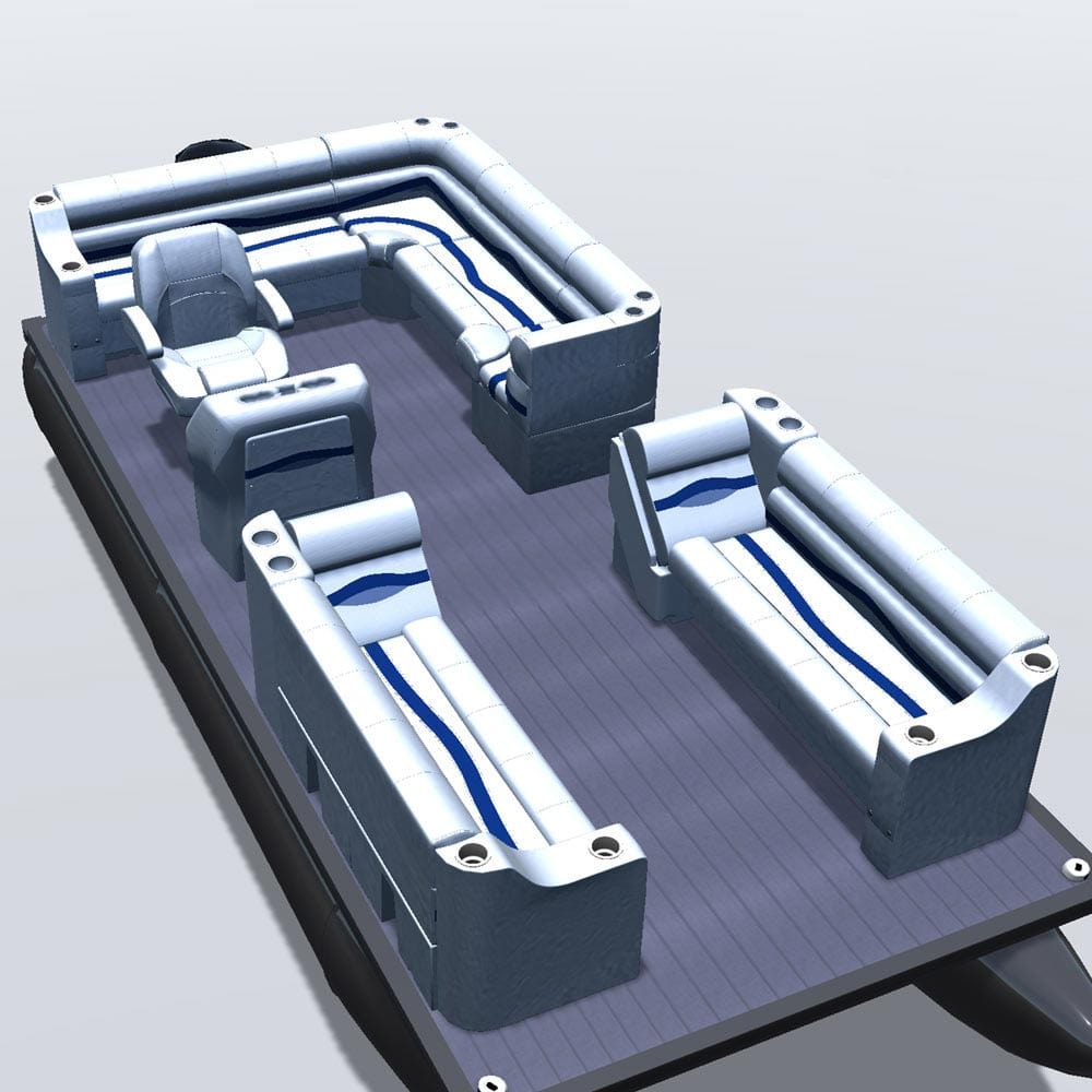 Side entry aft L-bench pontoon seat package with cupholder bow double bench and lean back seats