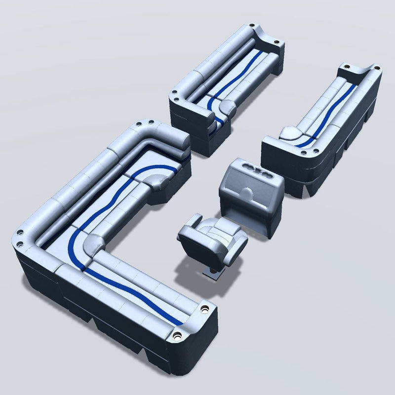 Side entry aft L-bench pontoon seat package with cupholder bow double bench and corner seats back