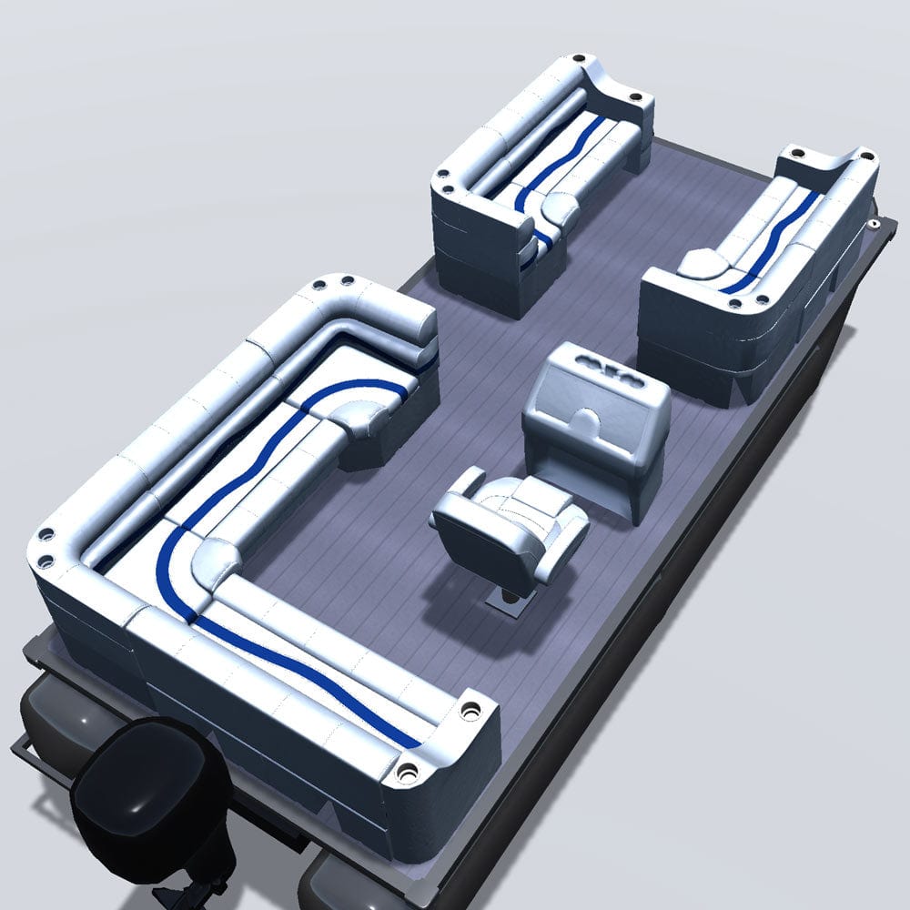 Side entry aft L-bench pontoon seat package with cupholder bow double bench and corner seats back 