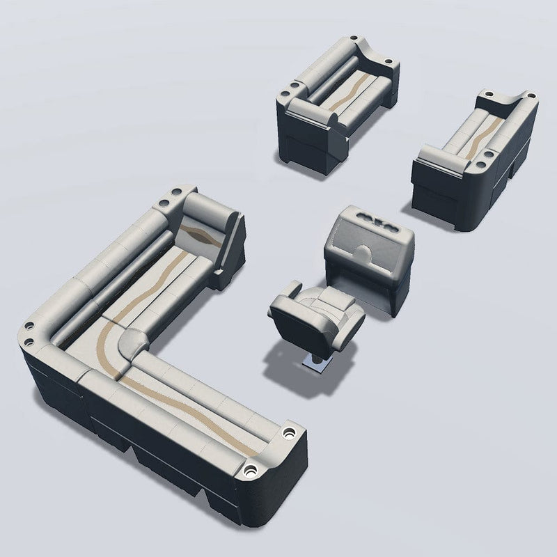 Side entry aft L-bench pontoon seat package with cupholder bow double bench and lean back seats back