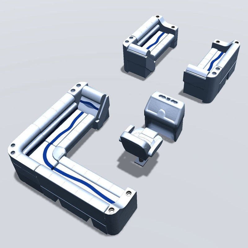 Side entry aft L-bench pontoon seat package with cupholder bow double bench and lean back seats back