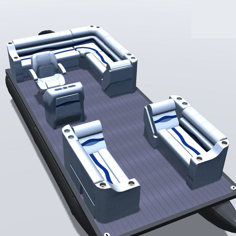 Side entry aft L-bench pontoon seat package with cupholder bow double bench and lean back seats 