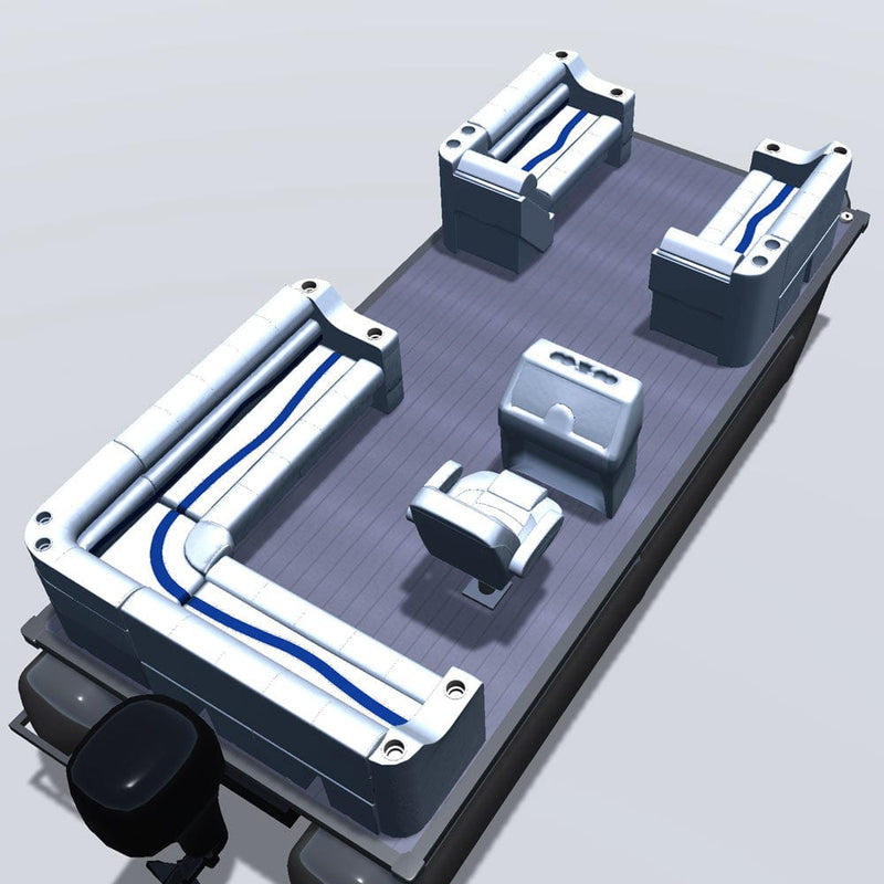 Side entry aft L-bench pontoon seat package with cupholder bow double bench and lean back seats back 