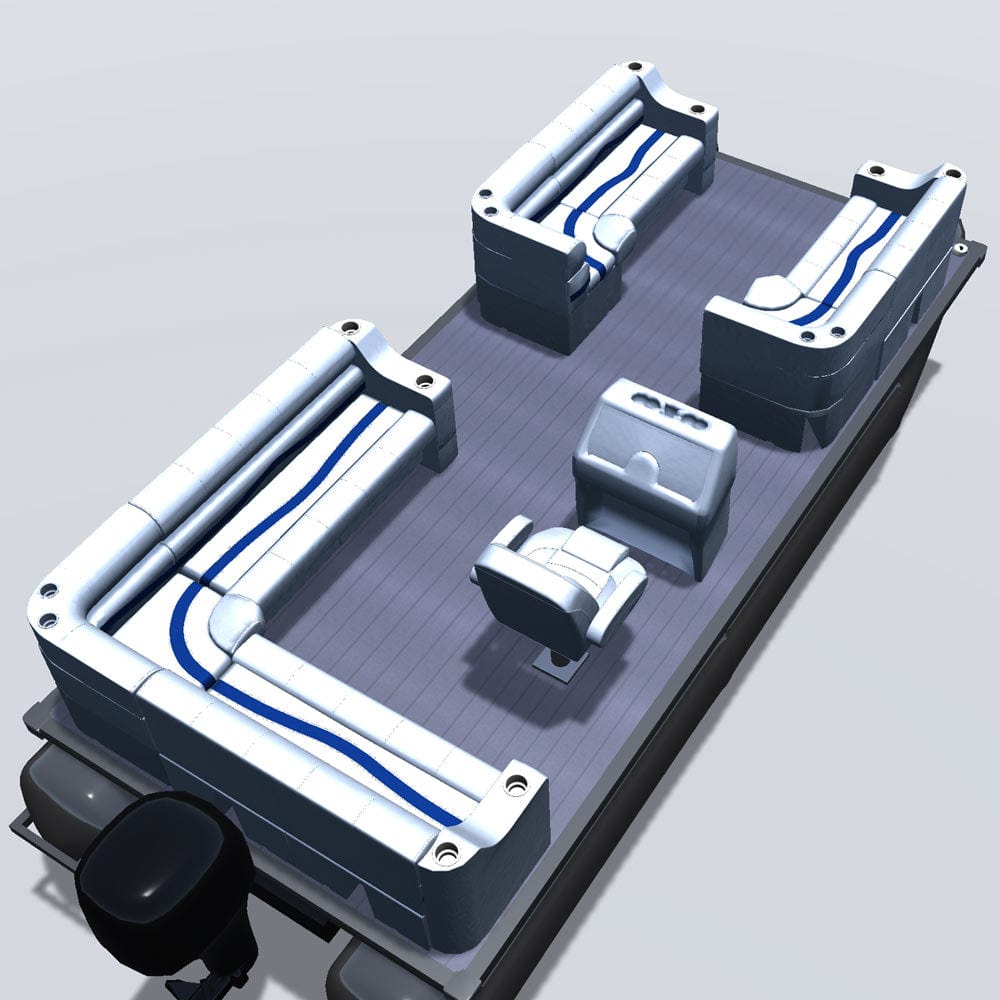 Side entry aft L-bench pontoon seat package with cupholder bow double bench and corner seats back 