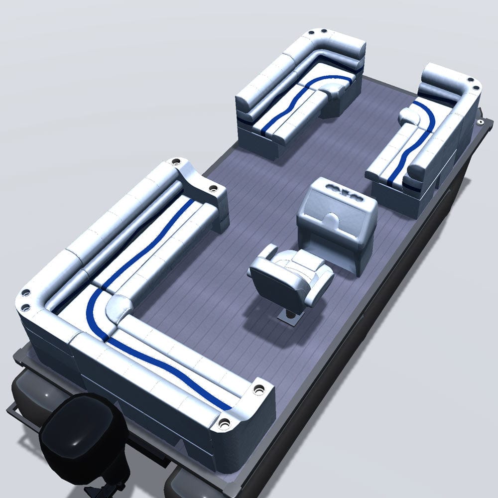 Side entry aft L-bench pontoon seat package with bow double bench and corner seats back 