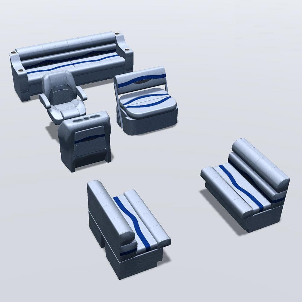 Side entry midship flip flop pontoon seat package with bow double bench seats #color_gray, blue & charcoal