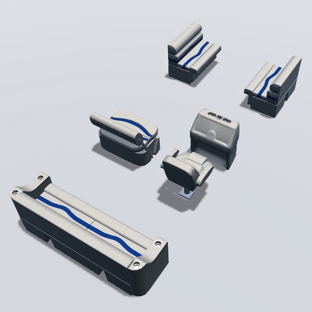 Side entry midship flip flop pontoon seat package with bow double bench seats back #color_ivory, blue & tan