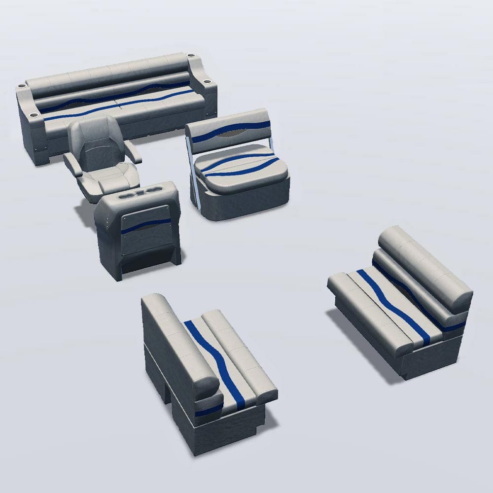 Side entry midship flip flop pontoon seat package with bow double bench seats #color_ivory, blue & tan