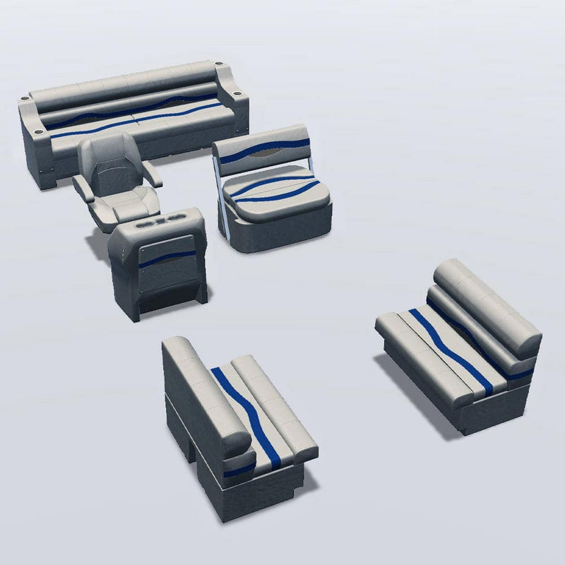 Side entry midship flip flop pontoon seat package with bow double bench seats