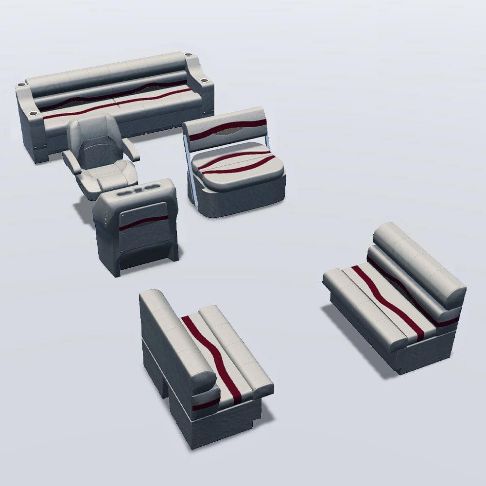 Side entry midship flip flop pontoon seat package with bow double bench seats #color_ivory, burgundy & tan