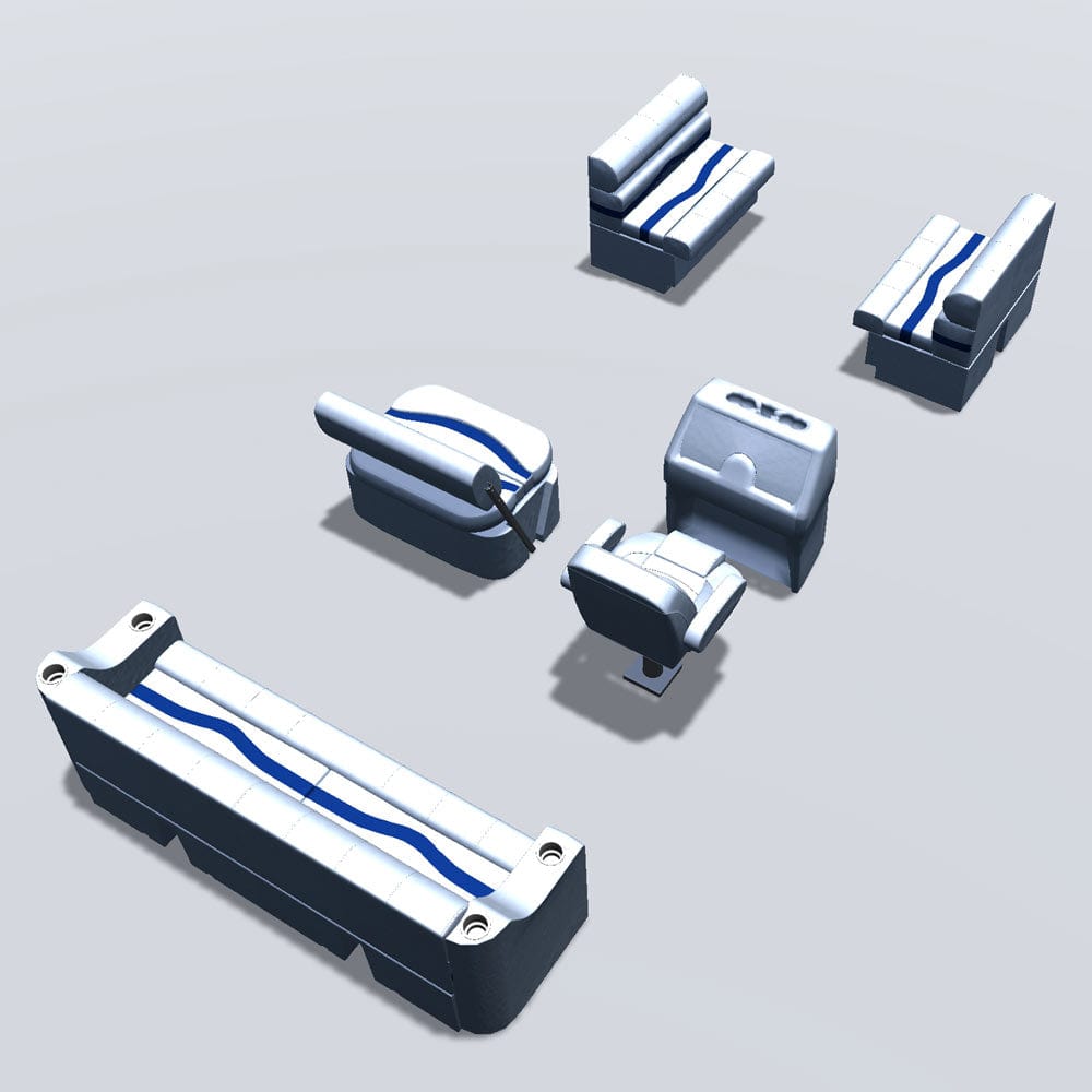 Side entry midship flip flop pontoon seat package with bow double bench seats back #color_white, blue & light blue