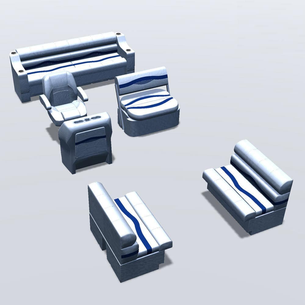 Side entry midship flip flop pontoon seat package with bow double bench seats #color_white, blue & light blue