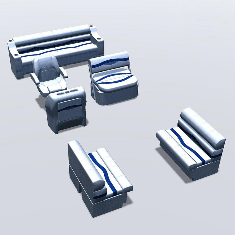 Side entry midship flip flop pontoon seat package with bow double bench seats