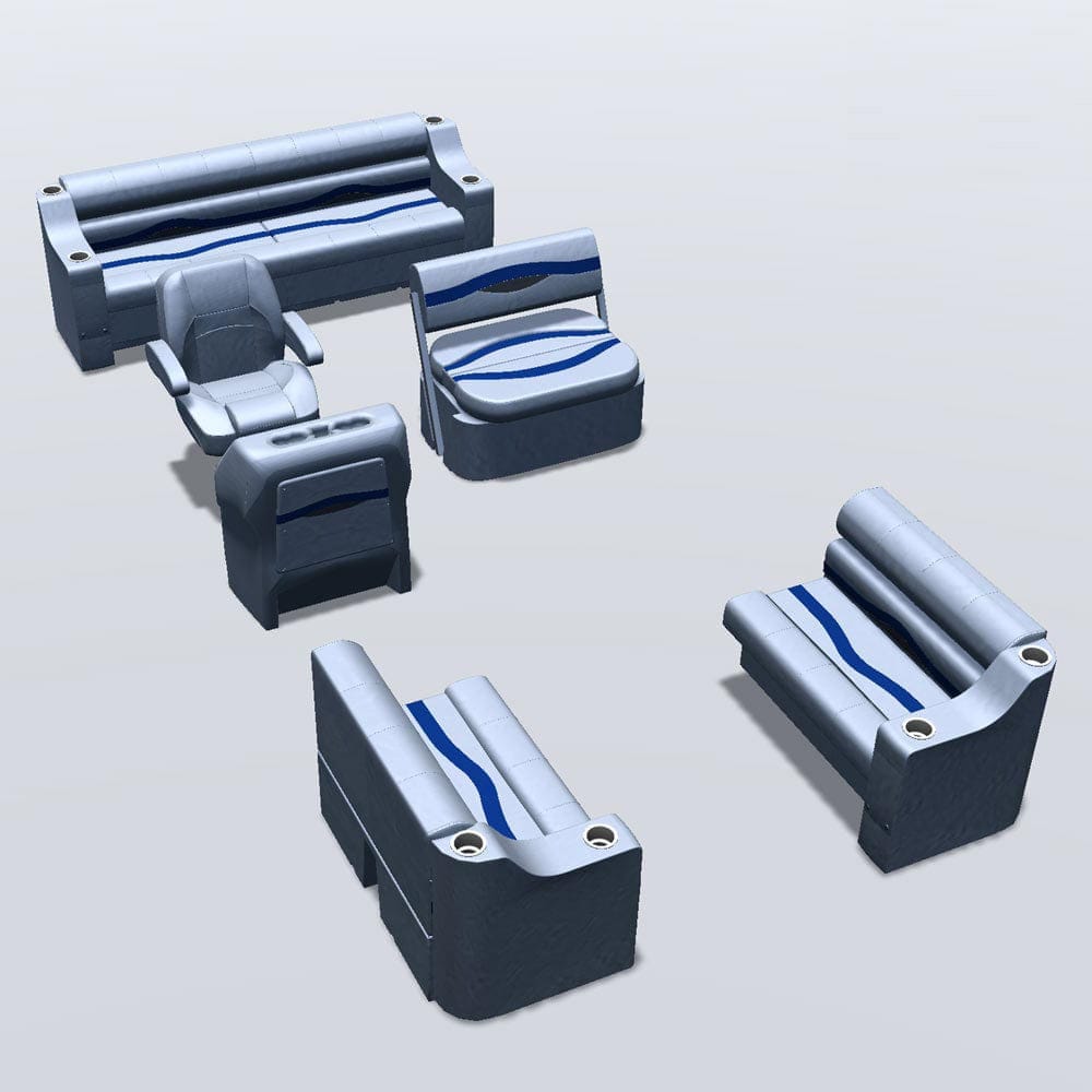 Side entry midship flip flop pontoon seat package with cupholder bow double bench seats #color_gray, blue & charcoal