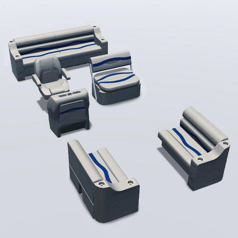 Side entry midship flip flop pontoon seat package with cupholder bow double bench seats #color_ivory, blue & tan