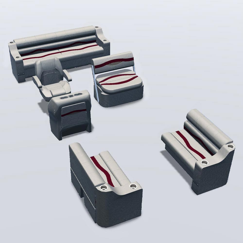 Side entry midship flip flop pontoon seat package with cupholder bow double bench seats #color_ivory, burgundy & tan