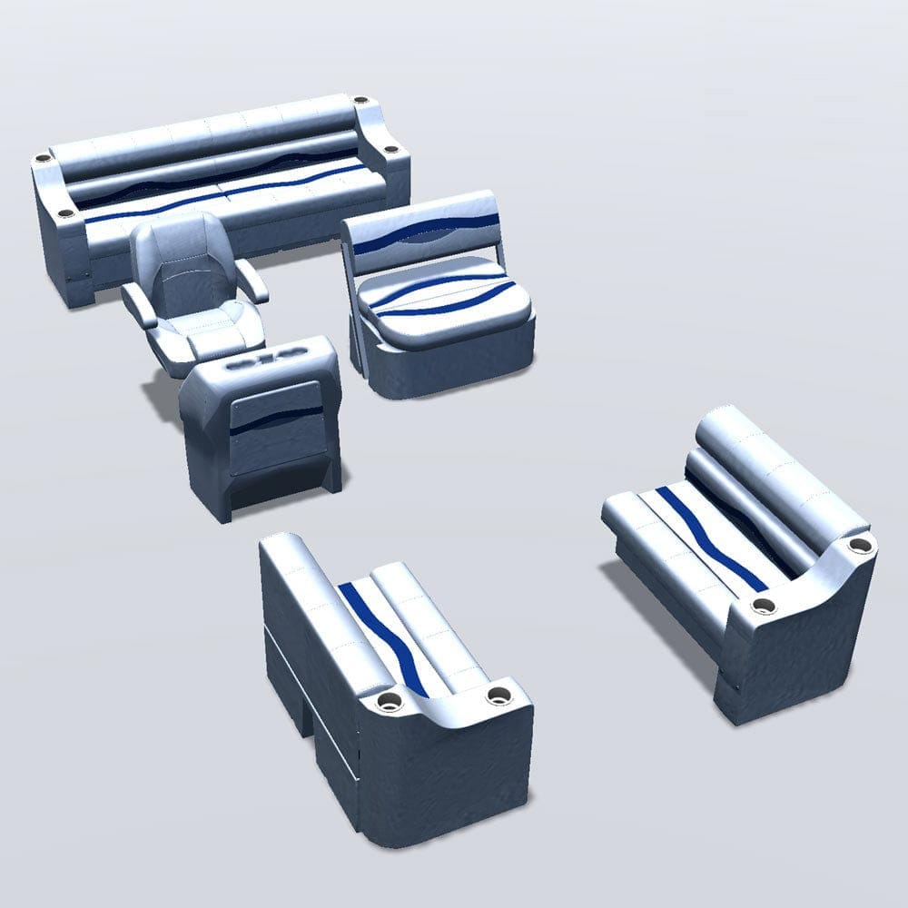 Side entry midship flip flop pontoon seat package with cupholder bow double bench seats #color_white, blue & light blue