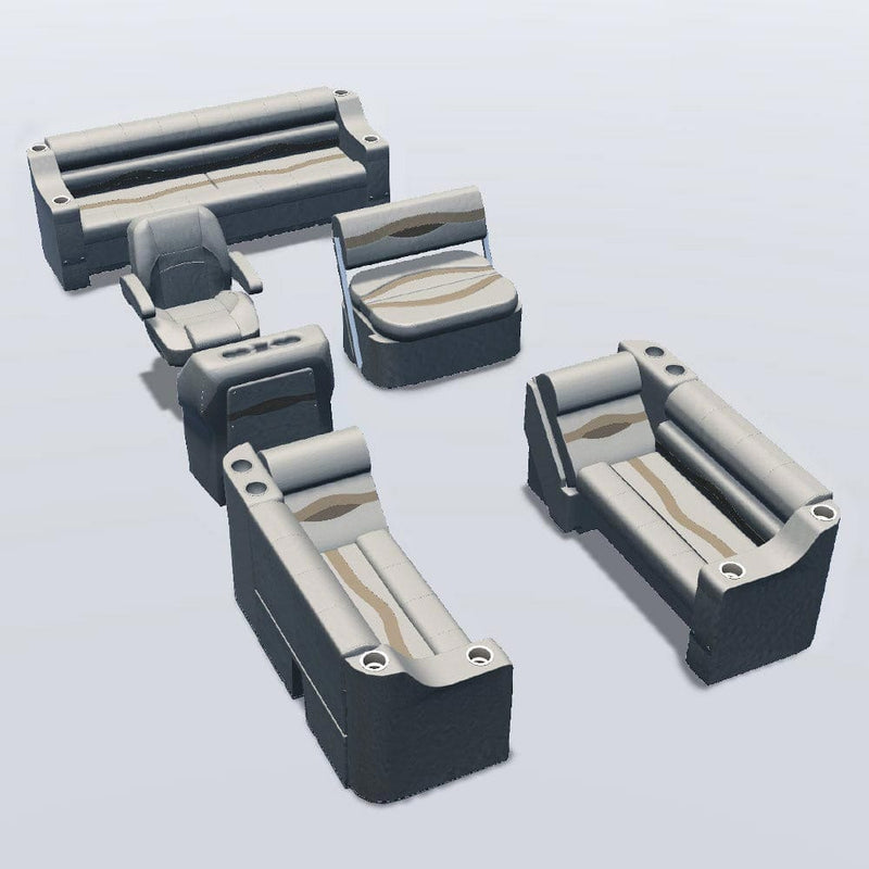 Side entry midship flip flop pontoon seat package with cupholder bow double bench and lean back seats