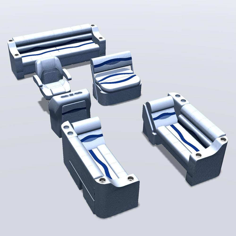 Side entry midship flip flop pontoon seat package with cupholder bow double bench and lean back seats #color_white, blue & light blue