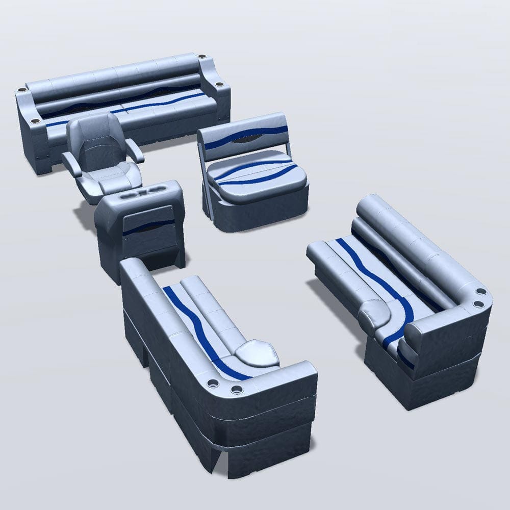 Side entry midship flip flop pontoon seat package with bow double bench and corner seats #color_gray, blue & charcoal