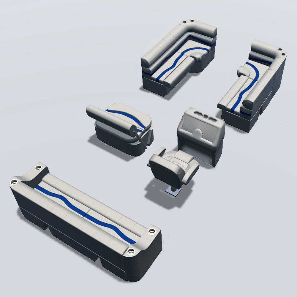 Side entry midship flip flop pontoon seat package with bow double bench and corner seats back #color_ivory, blue & tan