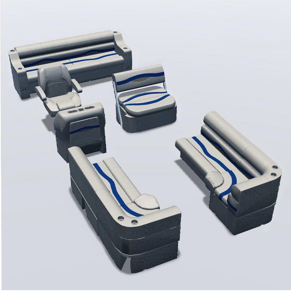 Side entry midship flip flop pontoon seat package with bow double bench and corner seats #color_ivory, blue & tan