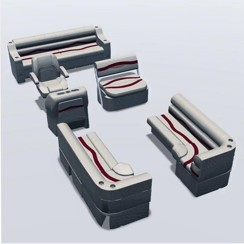 Side entry midship flip flop pontoon seat package with bow double bench and corner seats 
#color_ivory, burgundy & tan