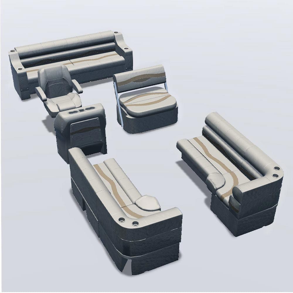 Side entry midship flip flop pontoon seat package with bow double bench and corner seats #color_ivory, tan & beige