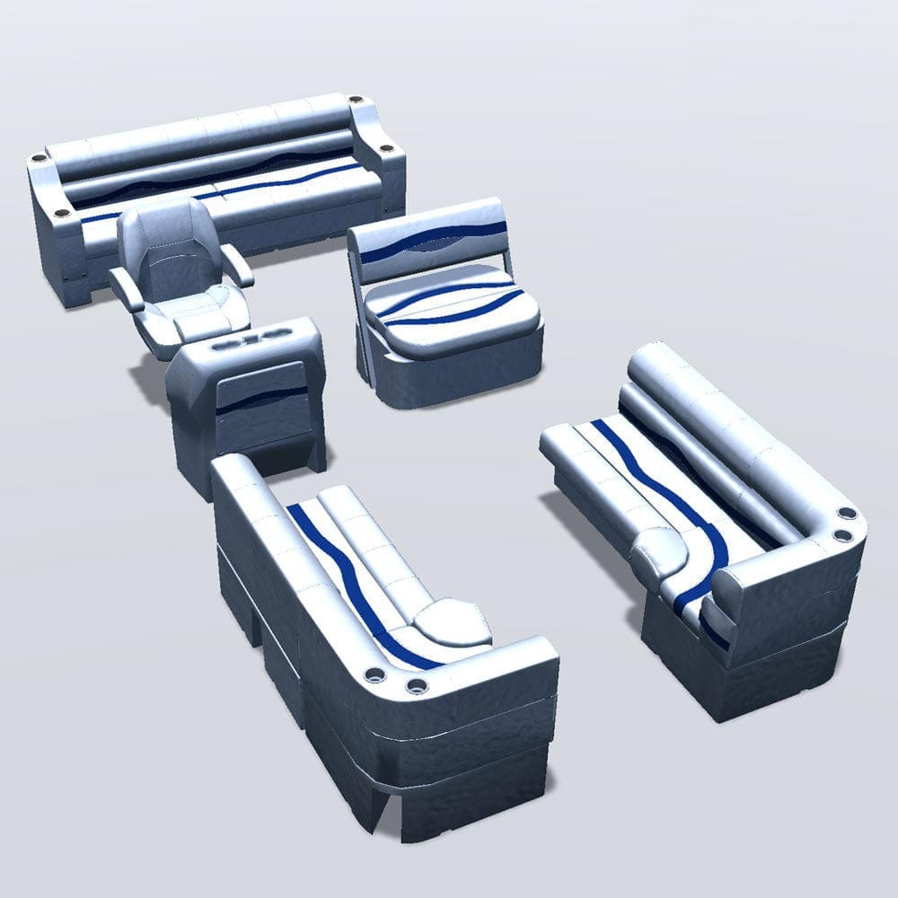 Side entry midship flip flop pontoon seat package with bow double bench and corner seats #color_white, blue & light blue