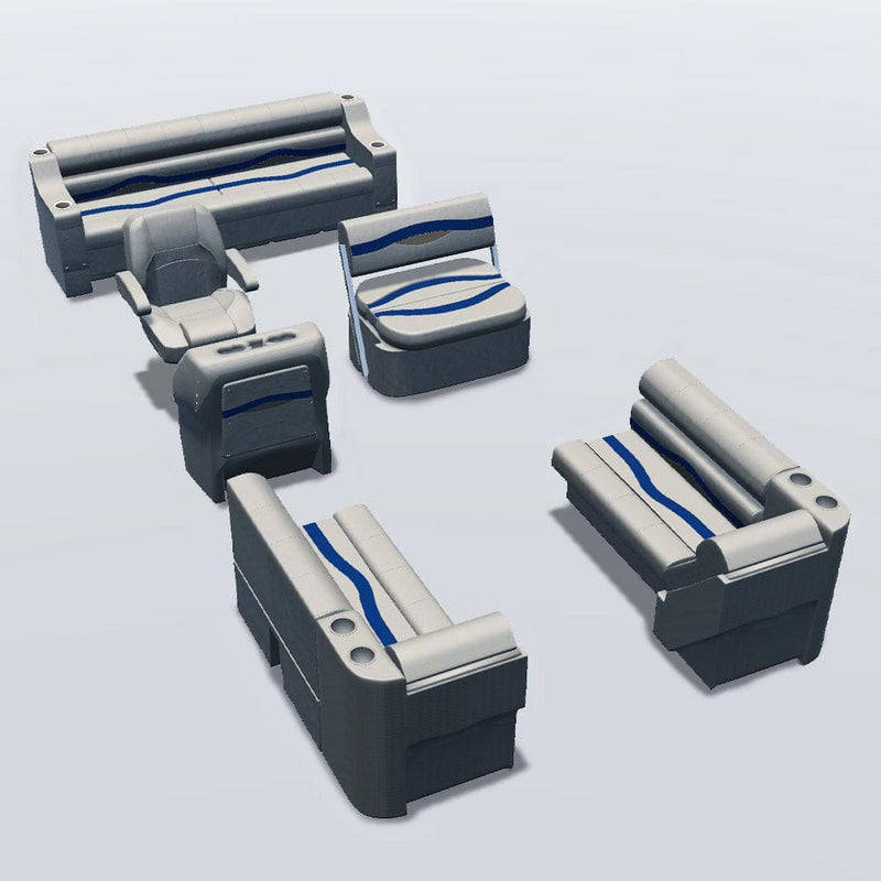 Side entry with midship flip flop pontoon seat package with bow double bench and lean back seats