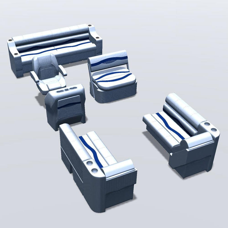 Side entry with midship flip flop pontoon seat package with bow double bench and lean back seats