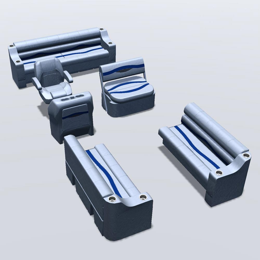 Side entry midship flip flop pontoon seat package with cupholder bow double bench seats #color_gray, blue & charcoal