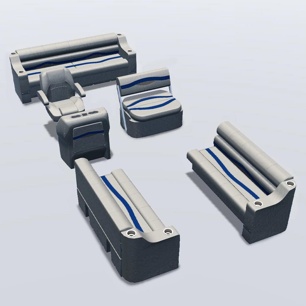 Side entry midship flip flop pontoon seat package with cupholder bow double bench seats #color_ivory, blue & tan