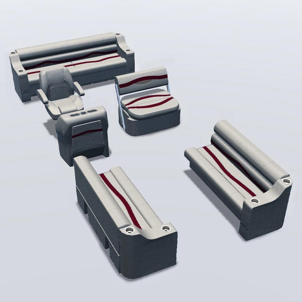 Side entry midship flip flop pontoon seat package with cupholder bow double bench seats #color_ivory, burgundy & tan